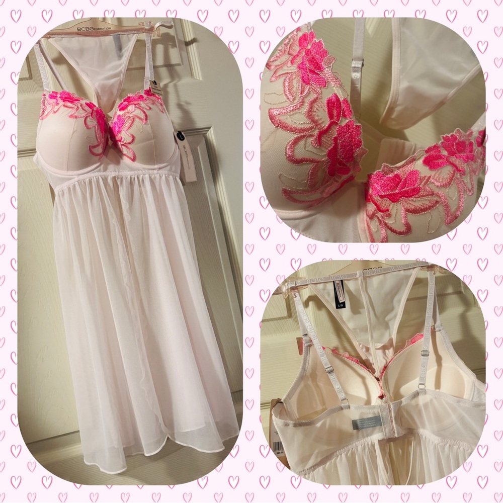 🆕 BCBGeneration Baby Pink & Hot Pink Embroidered Push-Up Babydoll Chemise